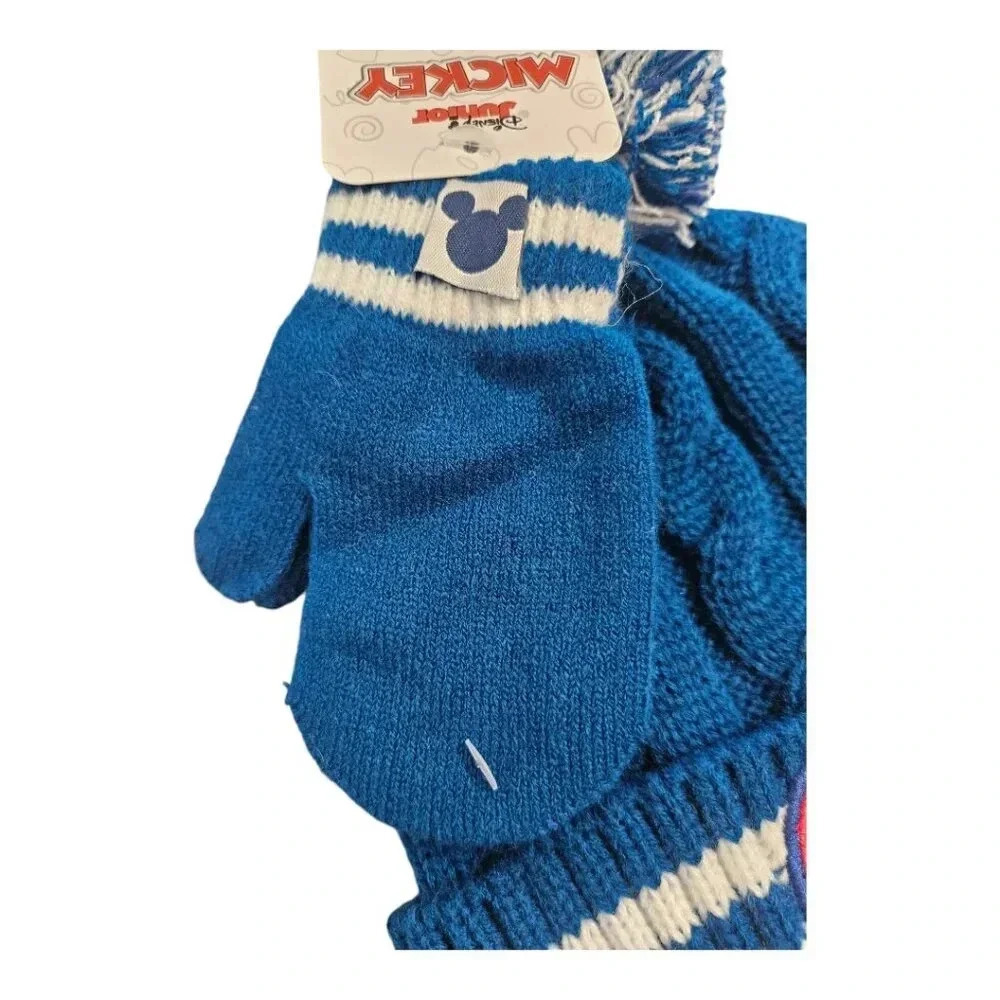 Disney Mickey Mouse Blue and White Winter Beanie Hat and Mitten Set - Picture 3 of 5